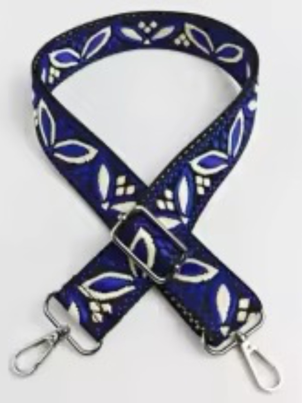 NEW Dk. Blue/Black/Khaki Magnolia print crossbody Guitar Strap-Silver hardware